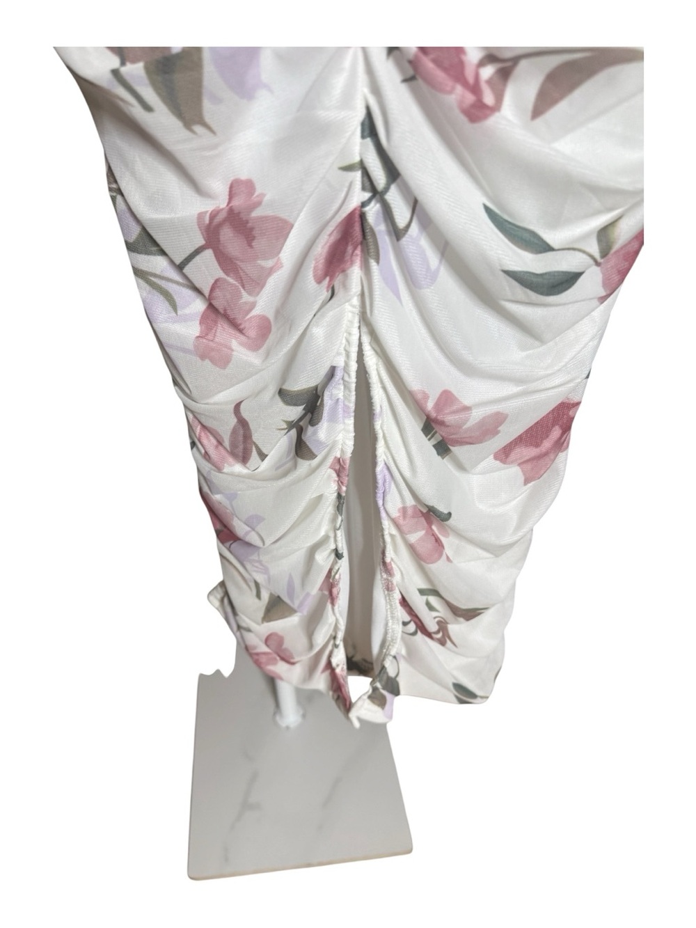 M7 Bella Barnett NWT Floral One-Shoulder Ruched Midi Dress Medium Sheer Sleeve - Picture 4 of 8